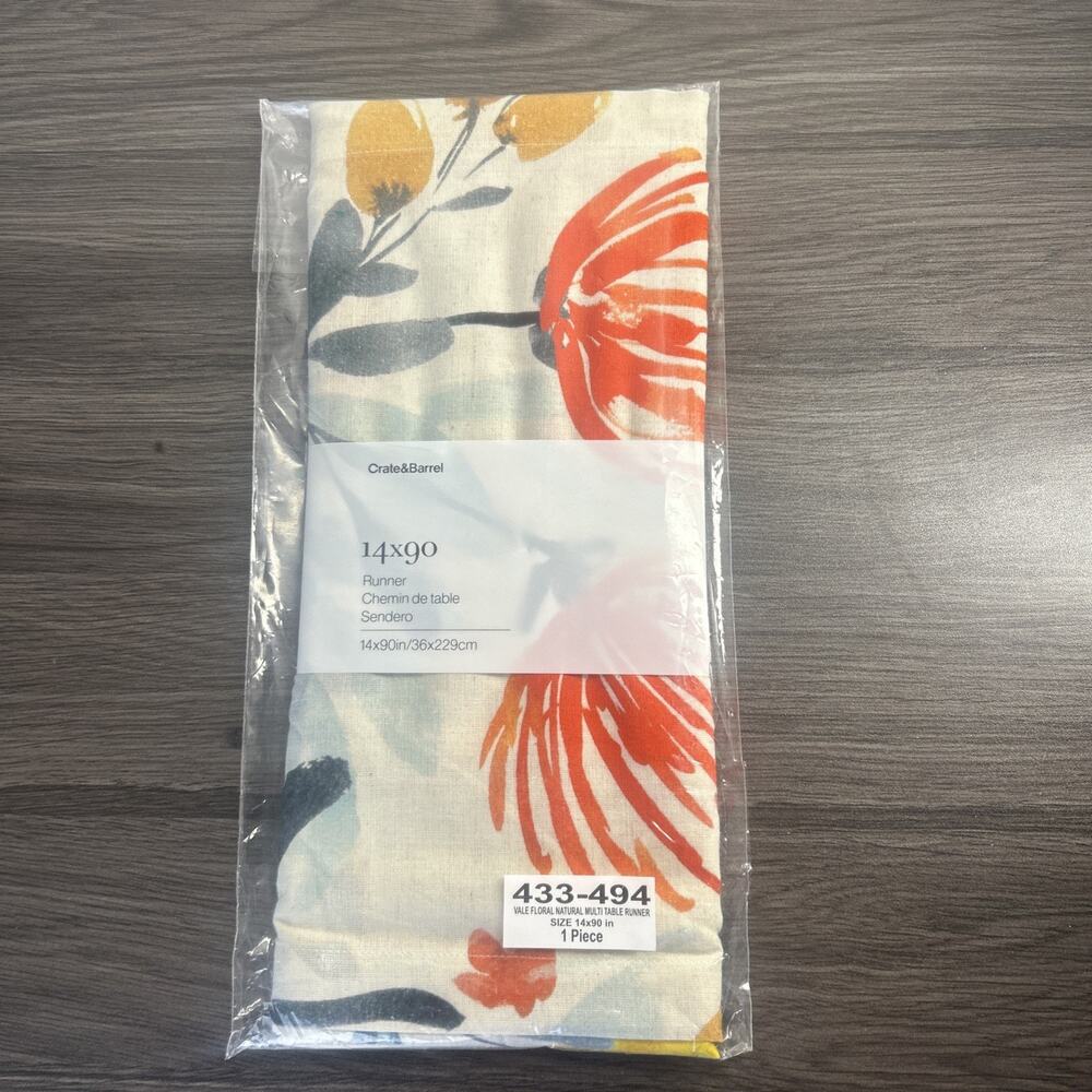 Crate & Barrel Isle Floral Table Runner Natural Multi 14x90 Cotton Linen NWT